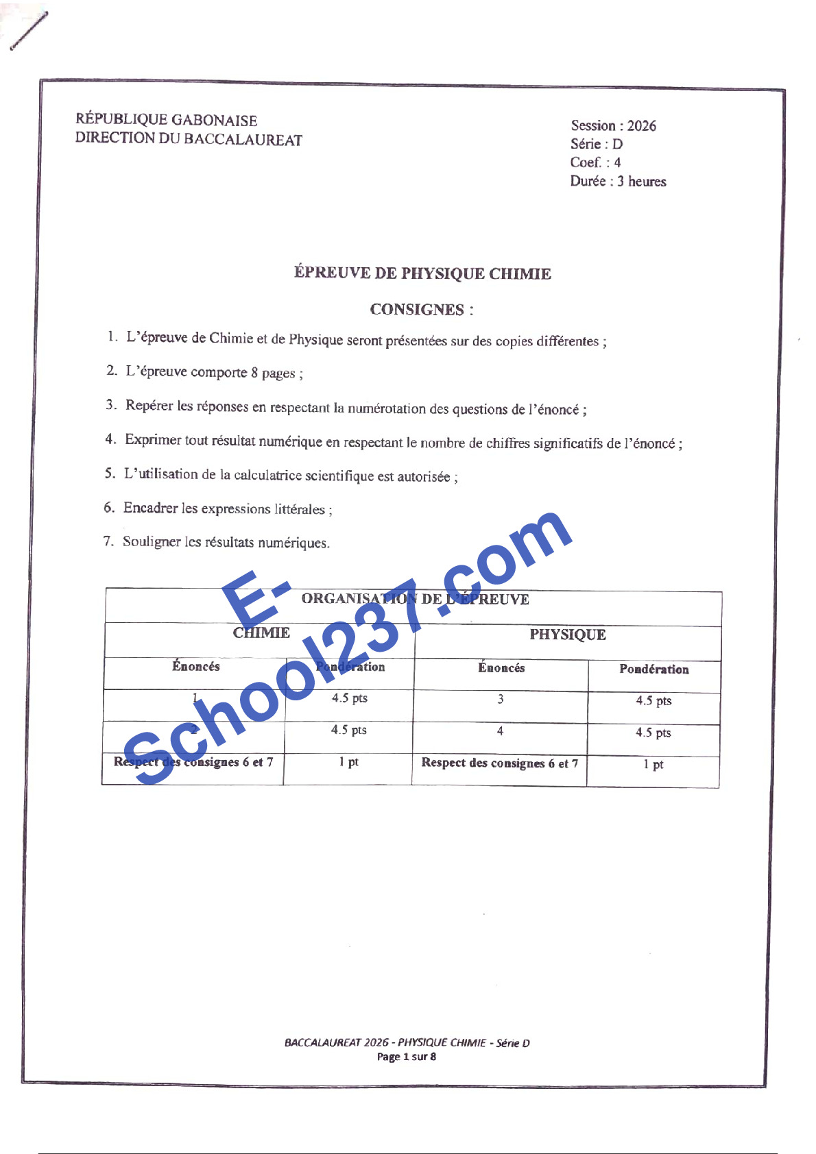 BAC D 2026 - PHYSIQUE CHIMIE. Gabon Tle D TI C 2026